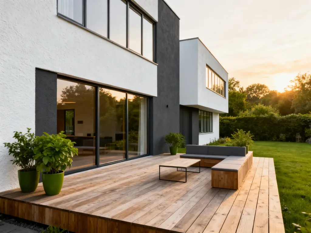 Nowoczesny dom typu kostka po renowacji z przestronnym tarasem, dużymi przeszkleniami i zadbanym ogrodem w świetle zachodu.