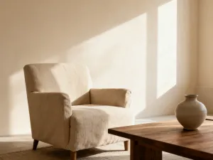 Przytulny salon w stylu shabby chic z jasną sofą, koronkowymi zasłonami i bukietem lawendy na postarzanym stoliku.