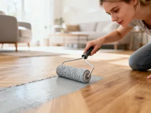 Pracownik budowlany wylewa beton samopoziomujący na podłogę, tworząc idealnie gładką i równą powierzchnię w nowoczesnym wnętrzu.