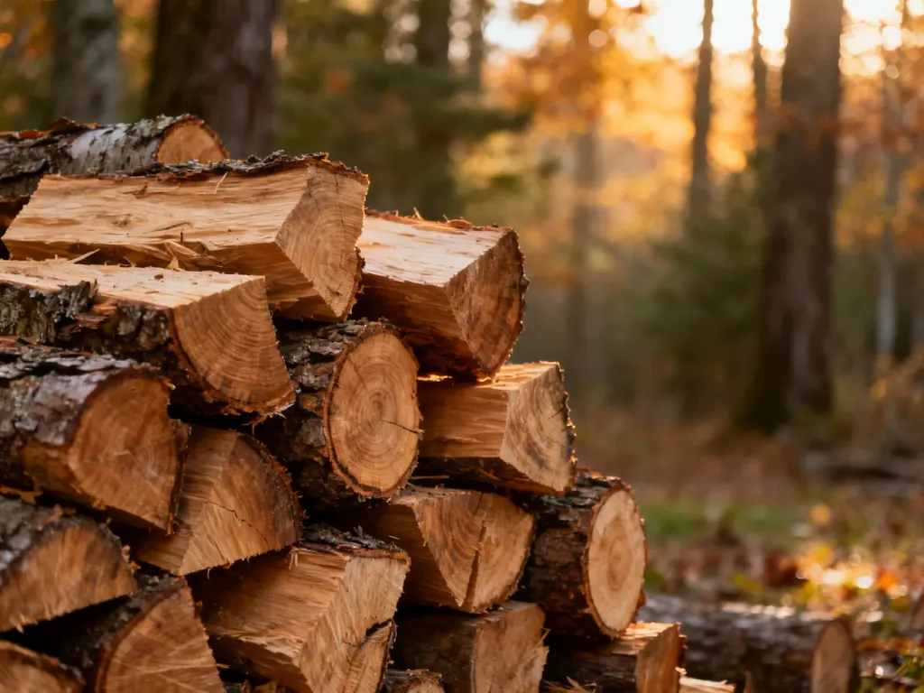 Starannie ułożony stos łupanych polan dębowych w jesiennym lesie, podkreślający naturalną strukturę drewna opałowego.