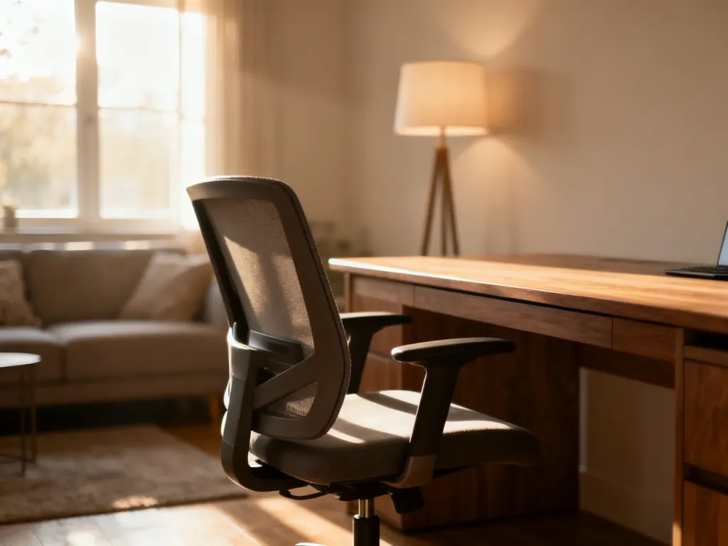 Nowoczesny kącik do pracy z drewnianym biurkiem i ergonomicznym krzesłem, wydzielony w przytulnym salonie.
