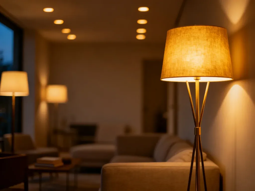 Nowoczesny salon z przytulnym kącikiem do czytania, oświetlony ciepłym światłem lamp podłogowych i sufitowych.