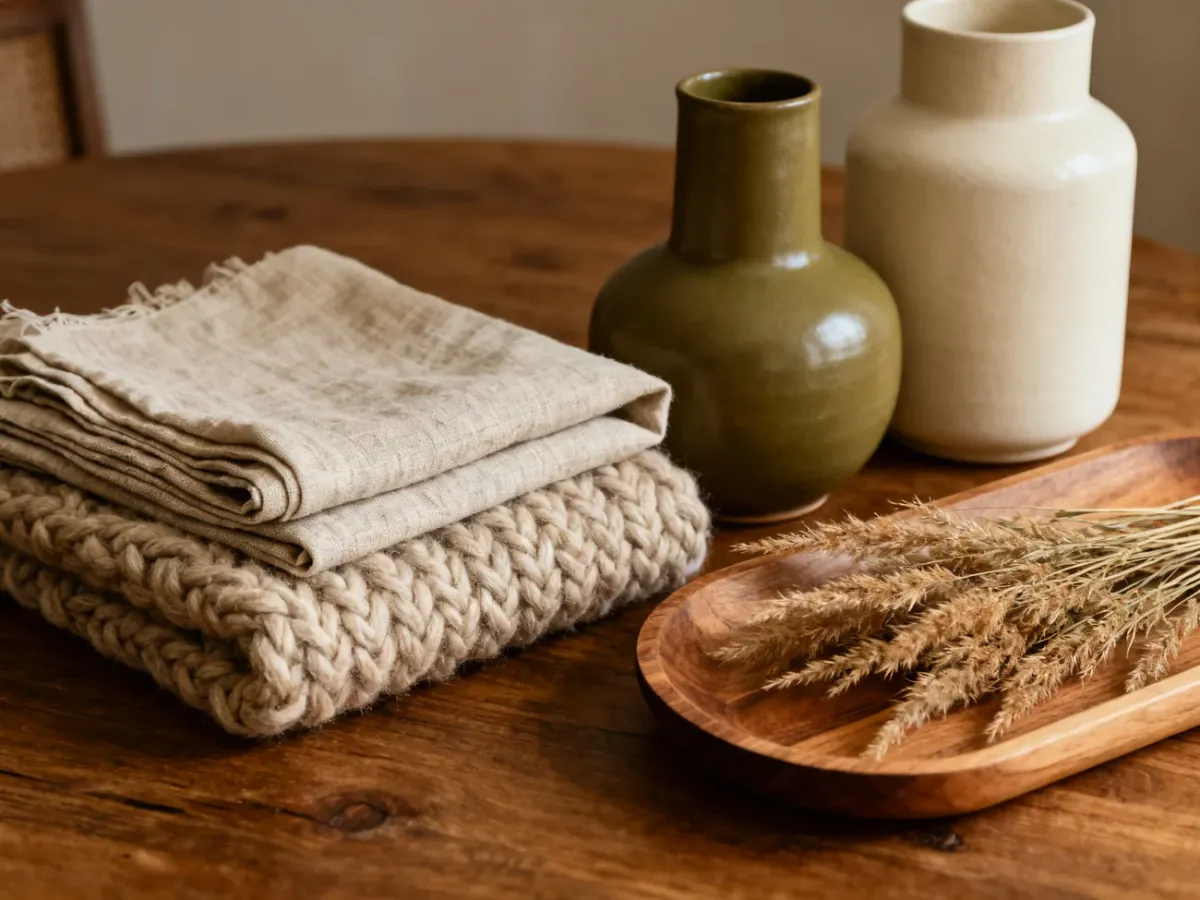 Naturalne materiały jesienne: len, wełna, ceramika i drewno