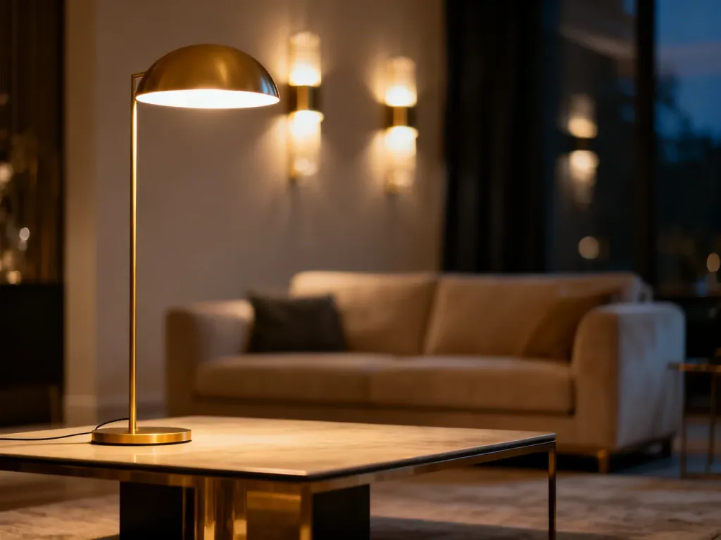 Nowoczesny salon z minimalistyczną lampą podłogową i kinkietami, które tworzą przytulne, warstwowe oświetlenie wnętrza.