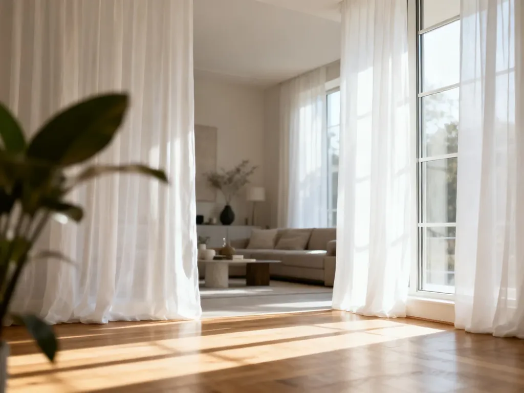 Elegancki salon z dużymi oknami ozdobionymi zwiewnymi, białymi firanami z lnu, tworzącymi przytulną i jasną atmosferę.