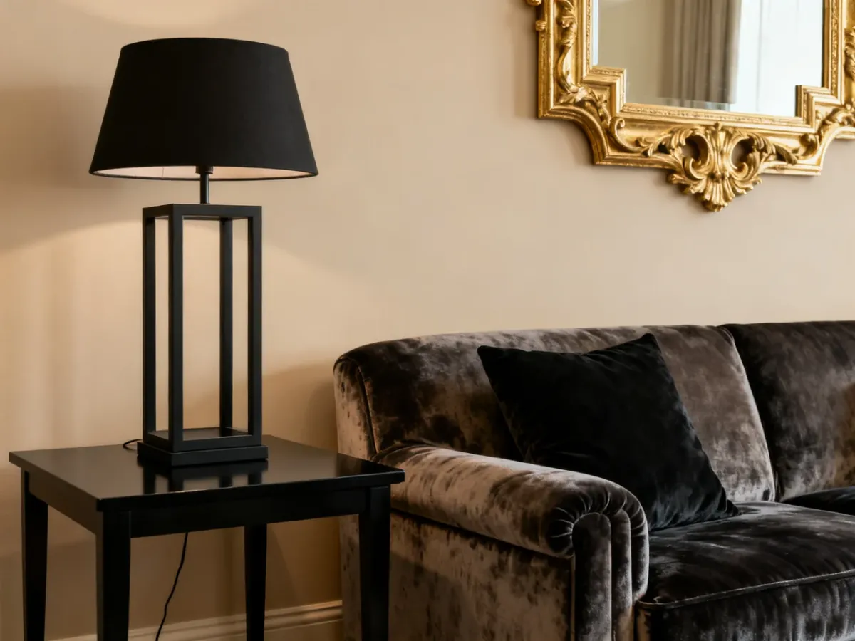 Elegancki salon w beżu z czarnymi i złotymi akcentami