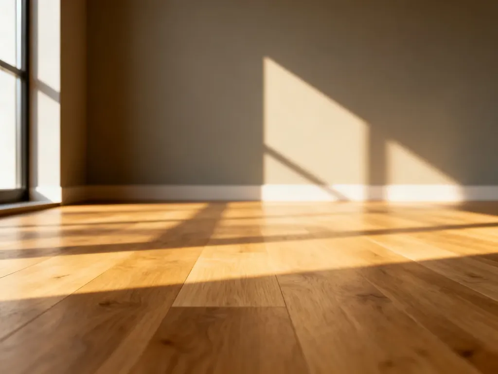 Jasny dębowy parkiet zestawiony z ciepłą ścianą w odcieniu greige w nowoczesnym, minimalistycznym salonie.