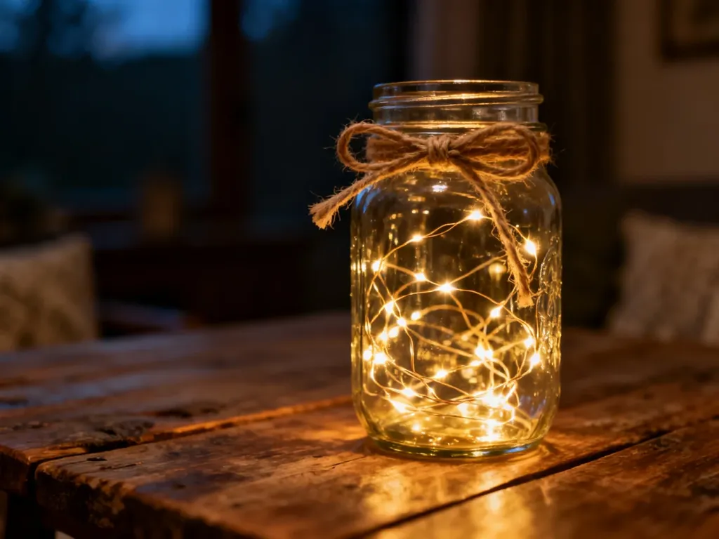 Ręcznie wykonany lampion ze słoika z ciepłymi światełkami LED i jutową kokardką na drewnianym stole.
