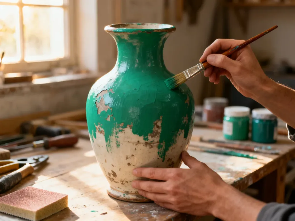 Dłonie malują stary ceramiczny wazon na szmaragdowy kolor, przywracając mu dawny blask w domowym warsztacie.
