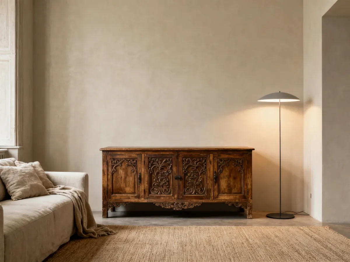 Antyczna komoda zestawiona z minimalistyczną lampą w nowoczesnym wnętrzu