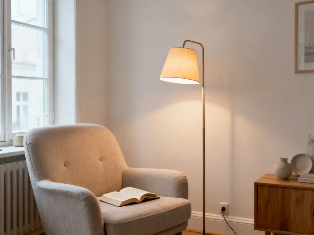 Lampa podłogowa przy fotelu w małym salonie tworząca strefę czytania
