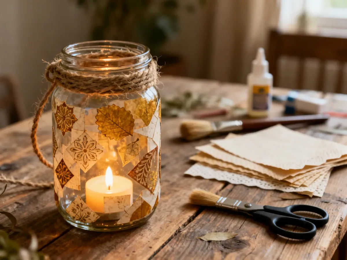Ręcznie ozdobiony decoupage’em lampion ze słoika z ciepłym światłem LED