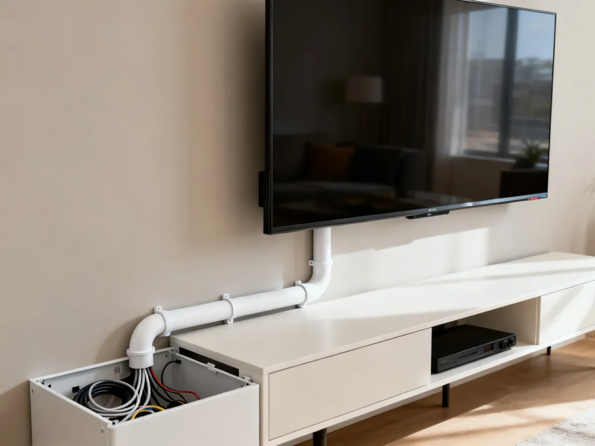 Listwa maskująca porządkująca przewody między telewizorem a szafką RTV