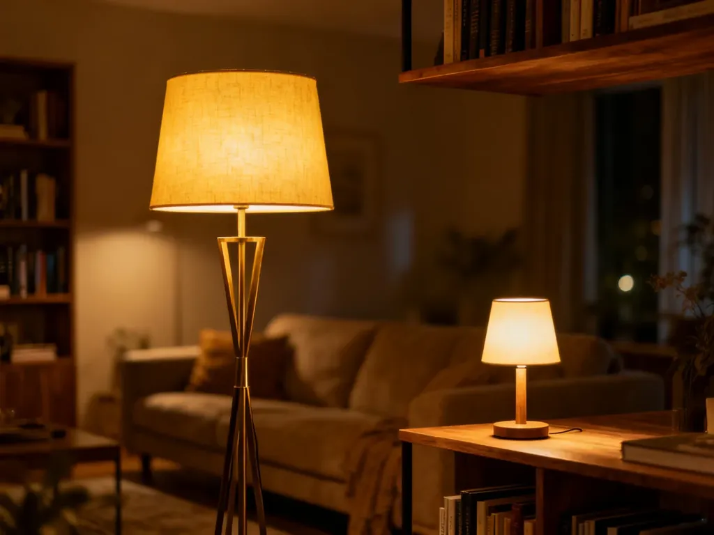 Przytulny salon oświetlony ciepłym światłem lampy podłogowej i stołowej, tworzący relaksującą atmosferę bez górnego źródła.