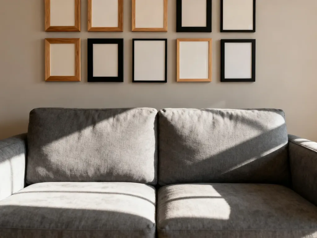 Nowoczesny salon z szarą kanapą i minimalistyczną galerią pustych ramek na ścianie, idealny przykład aranżacji nad sofą.