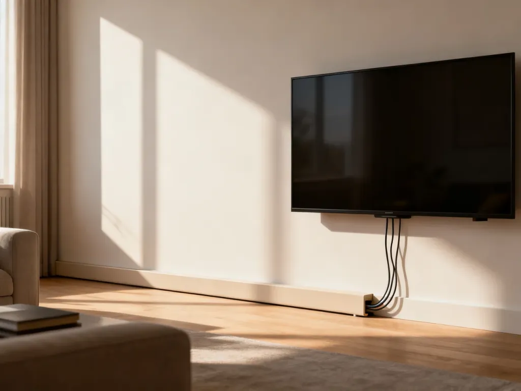 Minimalistyczny salon z telewizorem na ścianie, gdzie kable zostały estetycznie ukryte w dyskretnej listwie maskującej.