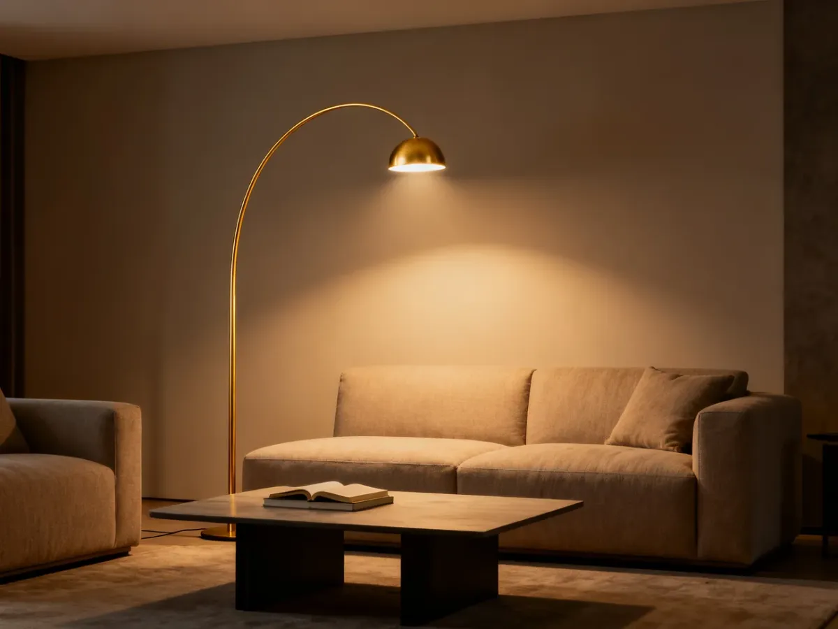 Lampa podłogowa z łukowym ramieniem nad stolikiem kawowym