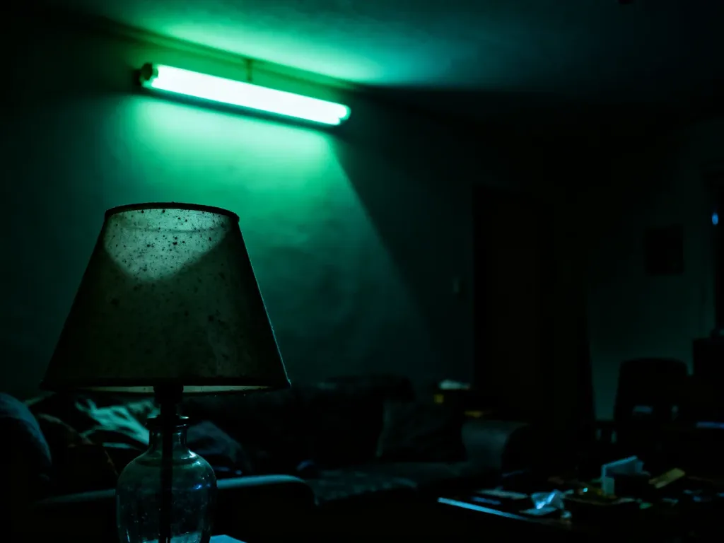 Przyciemniony salon z migoczącym, zimnym światłem jarzeniowym, które tworzy nieprzyjemną atmosferę i wyraźne cienie.