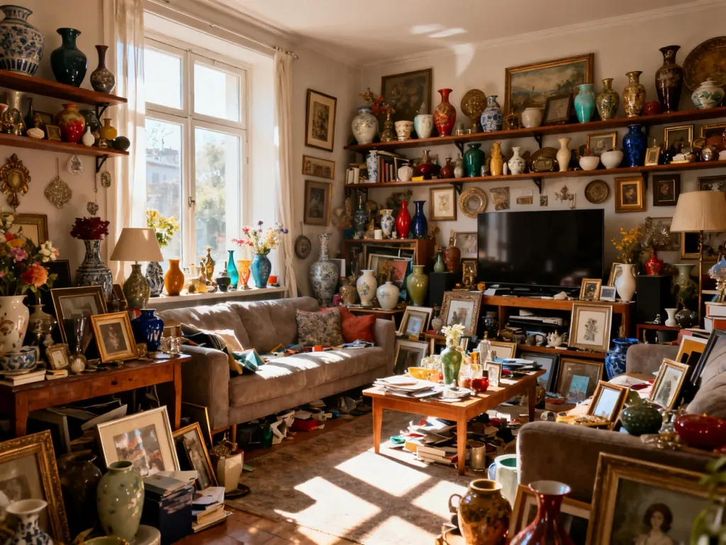 Salon przepełniony nadmiarem dekoracji, wazonów i ramek, tworzących przytłaczający i chaotyczny wystrój wnętrza.