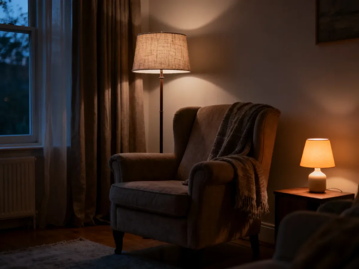 Przytulny kącik relaksu z fotelem i lampami o ciepłym świetle