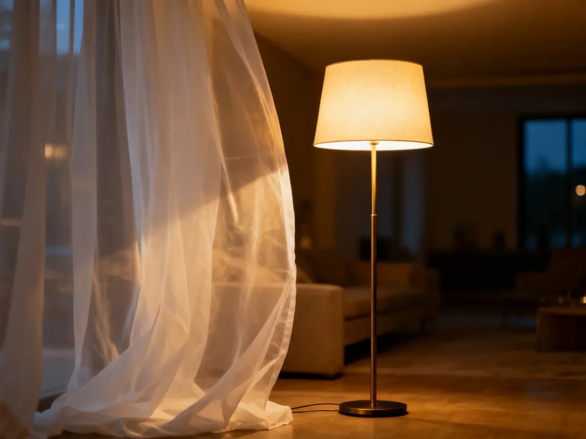 Nowoczesna lampa podłogowa z białym dyfuzorem z tkaniny, który zmiękcza ostre światło w przytulnym salonie.