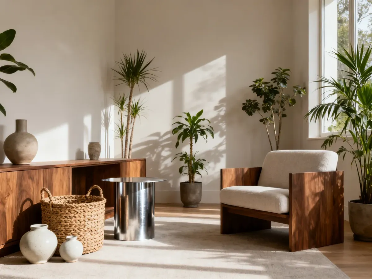 Living room combining contrasting textures, materials and plants in a balanced arrangement