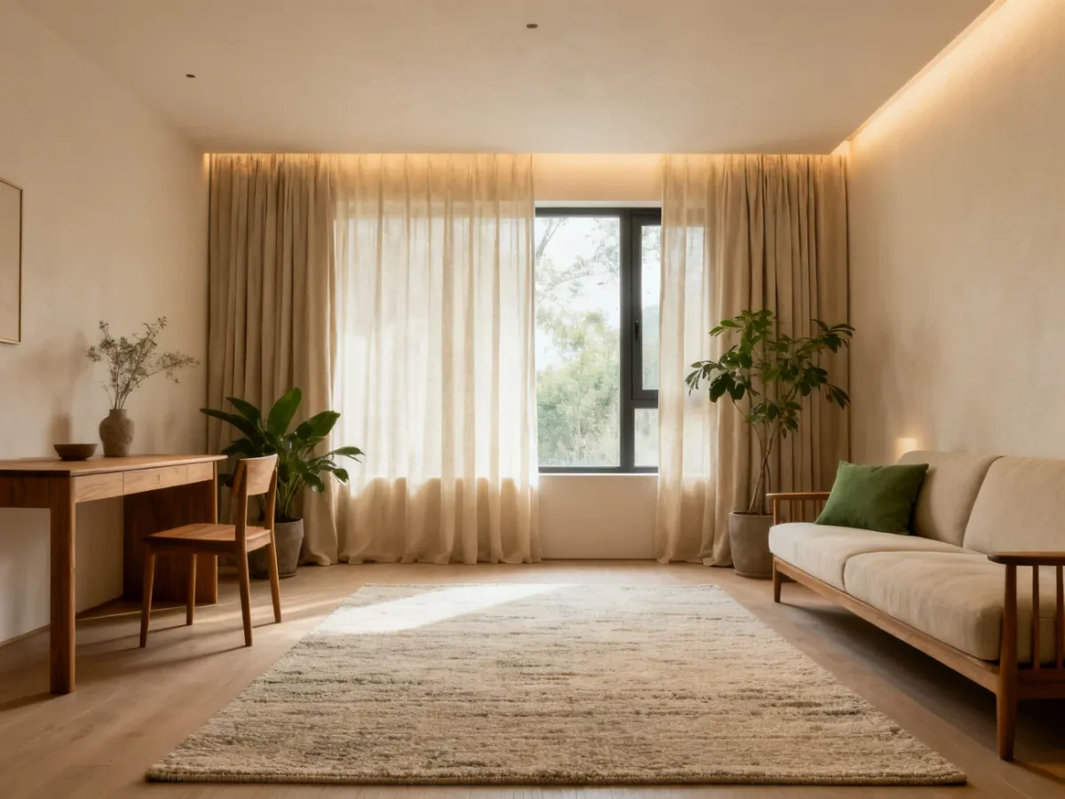 Minimalist living room with layered textures, warm side lighting and natural accents