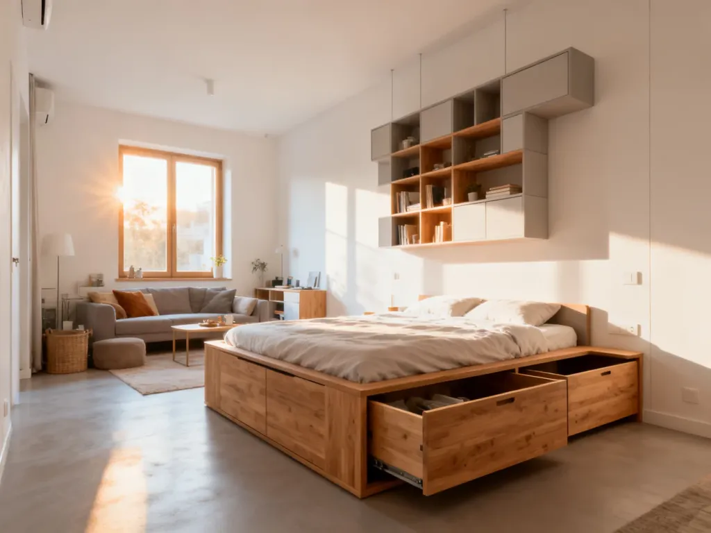 Minimalistyczne studio z wielofunkcyjnymi meblami, łóżkiem z szufladami i regałami ściennymi, optymalizujące małą przestrzeń.