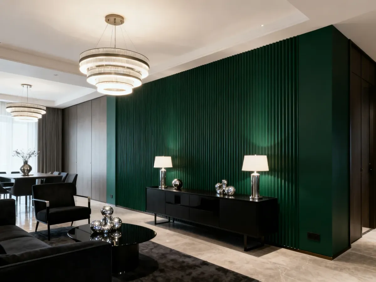 Elegancki salon z ciemnymi meblami i głęboką, strukturalną ścianą akcentową