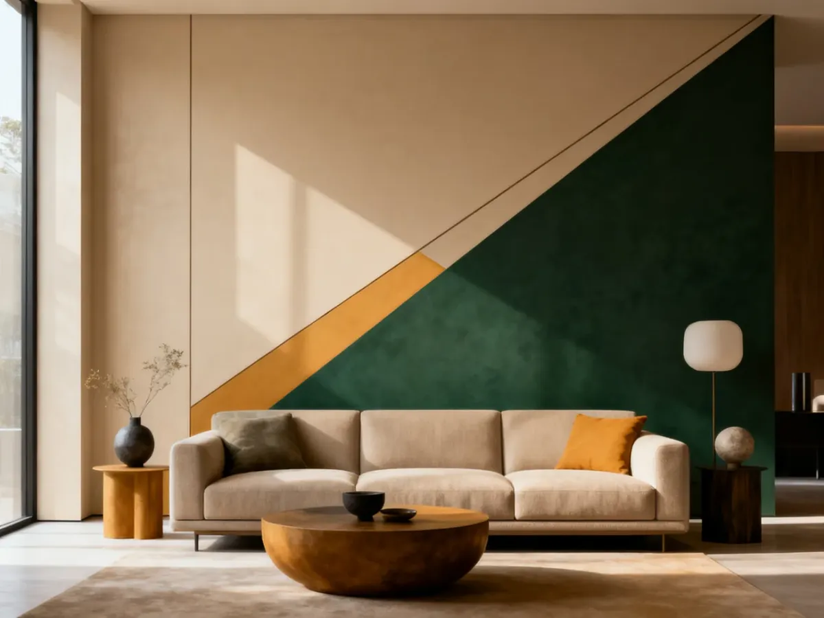 Nowoczesny salon z geometrycznym wzorem pomalowanym na dwóch kolorach ścian