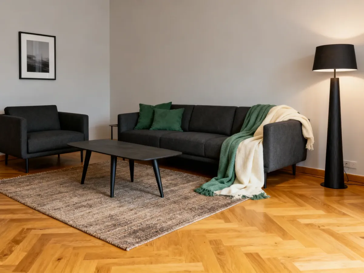 Spójny salon z miodową podłogą, grafitowymi meblami i powtarzającymi się ciemnymi akcentami